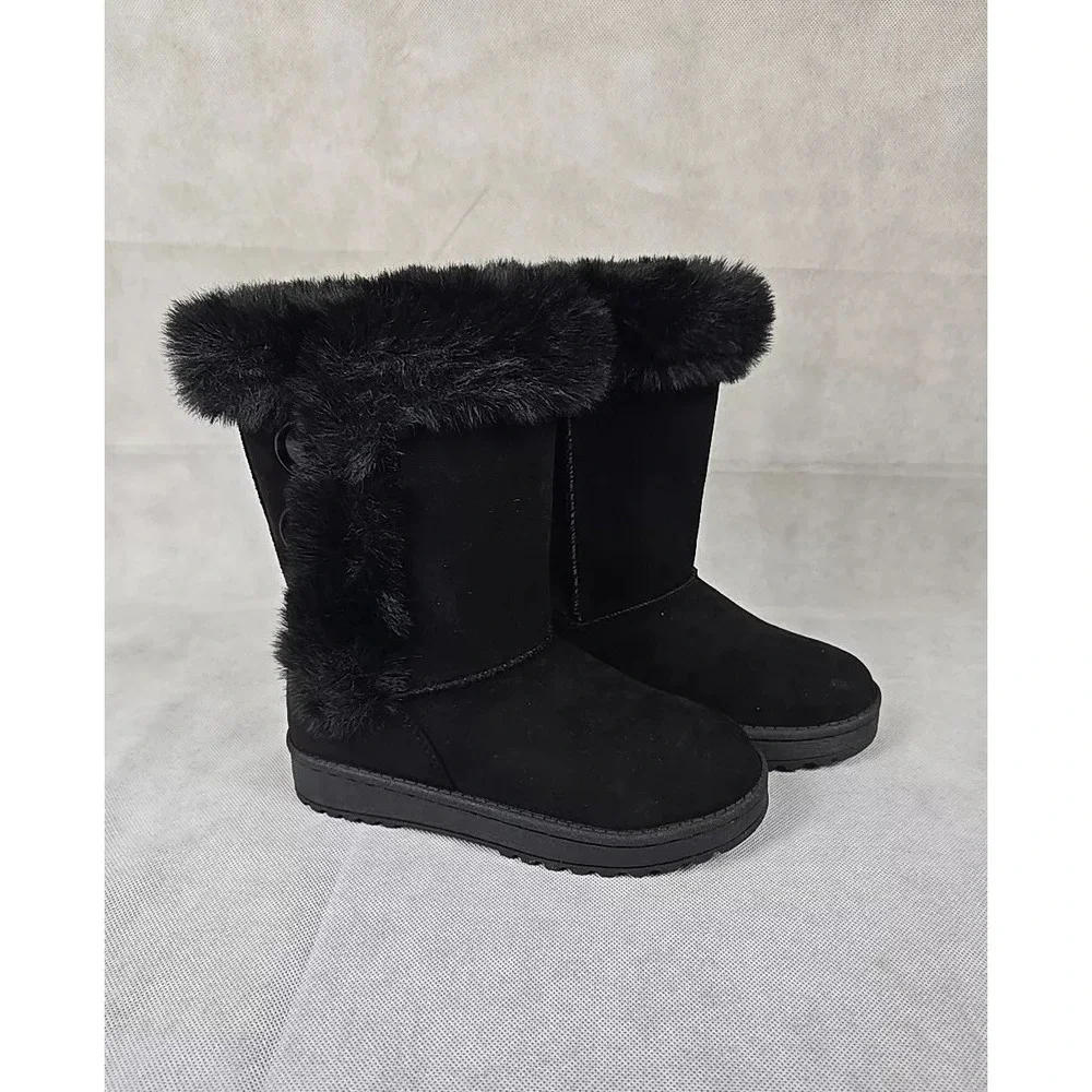 NEW SO Sophia Girls Size 13 Winter Boots Black Faux Fur Lining Easy‎ On